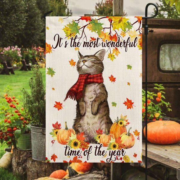 Fall Cat Welcome Flag It’s The Most Wonderful Time Of The Year Flag – Thanksgiving Flag Outdoor Decoration