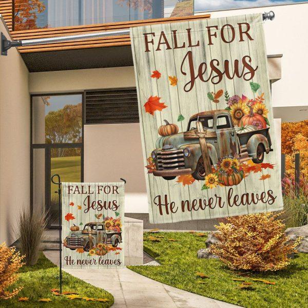 Fall Truck Pumpkins Flag Fall For Jesus He Never Leaves Halloween Thanksgiving Flag – Thanksgiving Flag Outdoor Decoration