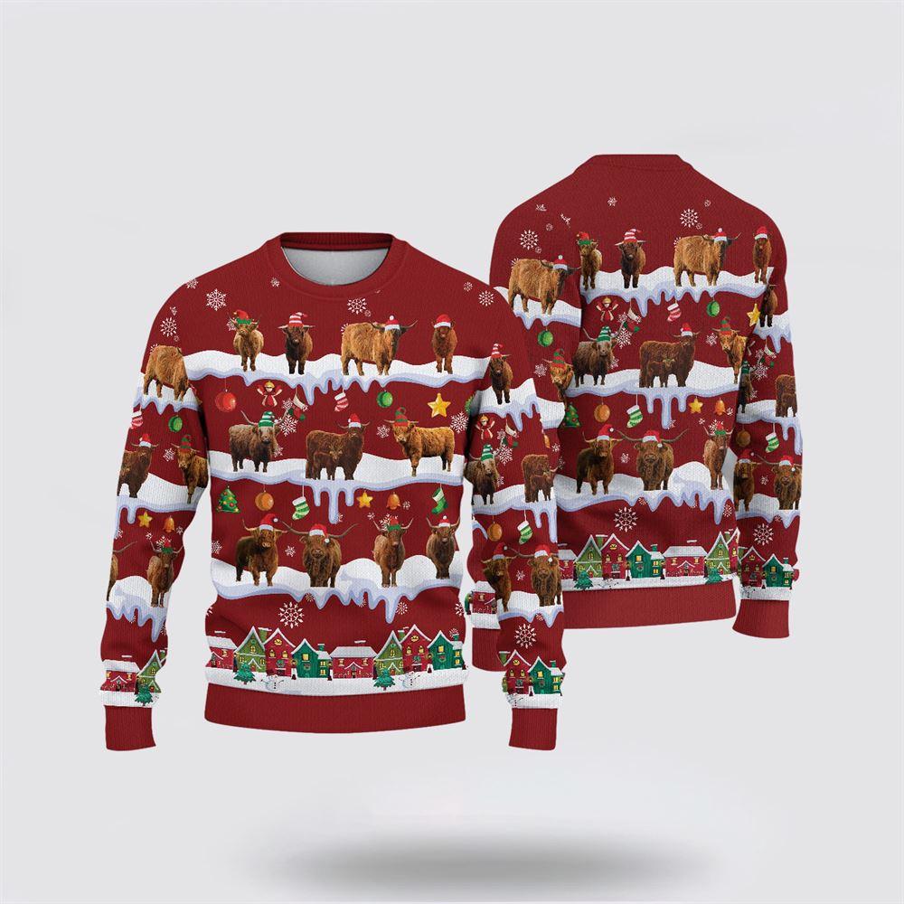 Highland Christmas Knitted Sweater, Gifts For Farmers, Rural Lovers Highland Christmas Knitted Sweater, Gifts For Farmers, Rural Lovers