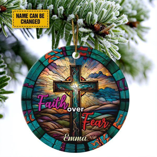 Personalised Christmas Ornament, Faith Over Fear Cross Retro Circle Ceramic Ornament, Christmas Ornaments 2023