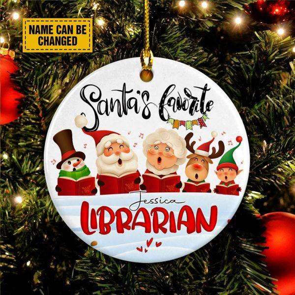 Personalised Christmas Ornament, Santa’s Favorite Librarian Circle Ceramic Ornament, Christmas Ornaments 2023