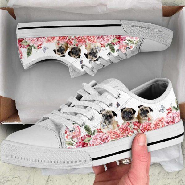 Pug Dog Flower Pink Butterfly Low Top Shoes Canvas Sneakers, Gift For Dog Lover