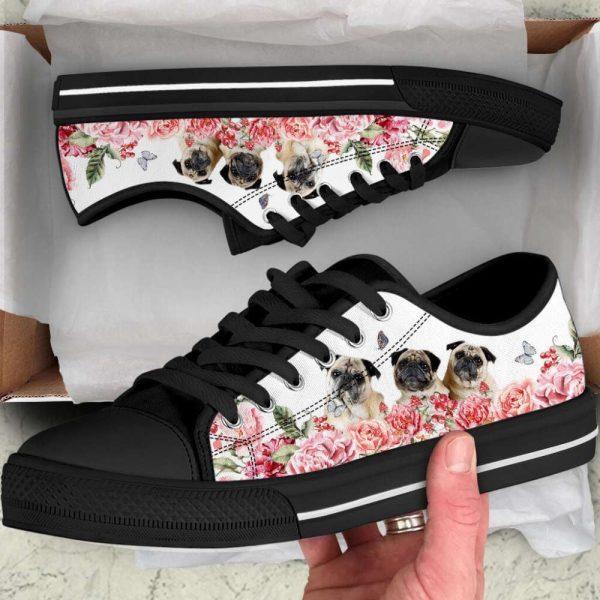 Pug Dog Flower Pink Butterfly Low Top Shoes Canvas Sneakers, Gift For Dog Lover