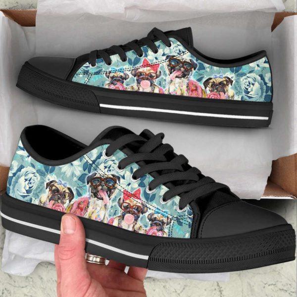 Pug Dog Flowers Low Top Shoes Canvas Sneakers Casual Shoes, Gift For Dog Lover
