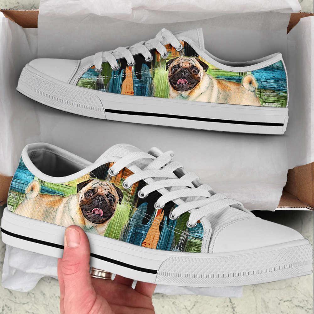 Pug Dog Paint Art Wallpaper Low Top Shoes Canvas Sneakers, Gift For Dog Lover