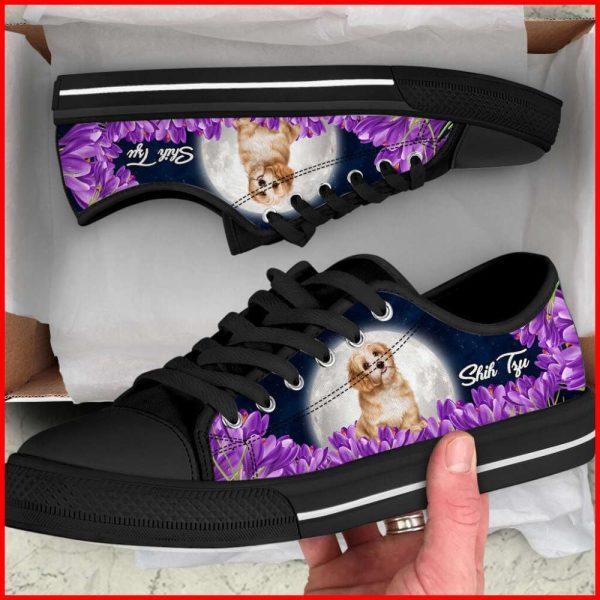Shih Tzu Dog Purple Flower Low Top Shoes Canvas Sneakers, Gift For Dog Lover