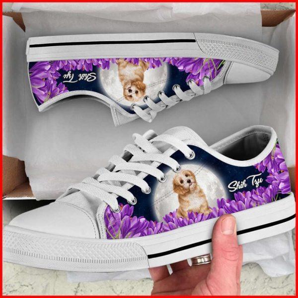 Shih Tzu Dog Purple Flower Low Top Shoes Canvas Sneakers, Gift For Dog Lover