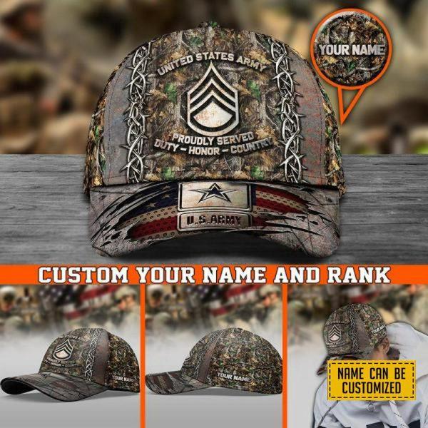 US Army Baseball Caps Camouflage Proudly Served, Custom Army Hats, Personalized Name And Rank Veterans,Cap For Military