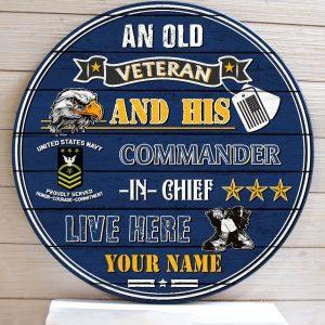 US Navy Wood Sign An Old Veteran And His Commander In Chief Live Here, Personalized Name And Rank Military, Gift For Military Personnel