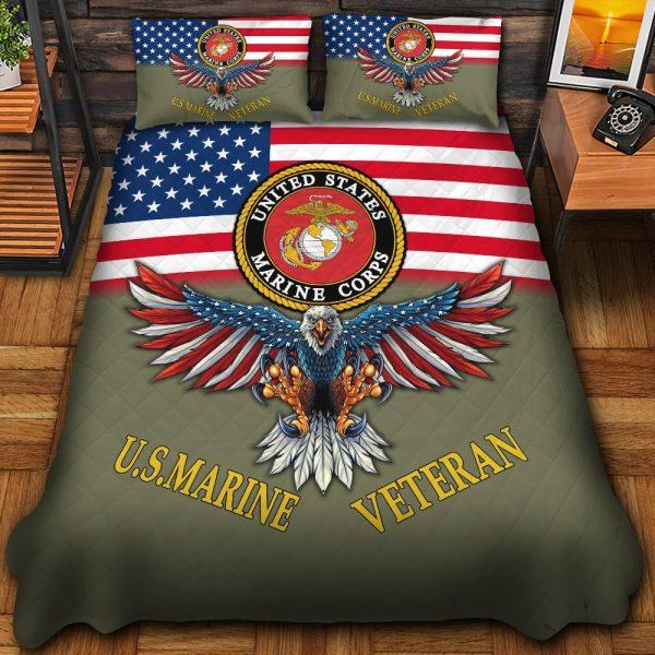 Veteran Bedding Set, Eagle Flag Picture US Marine Veteran Bedding Set, Quilt Bedding Set, American Flag Bedding Set