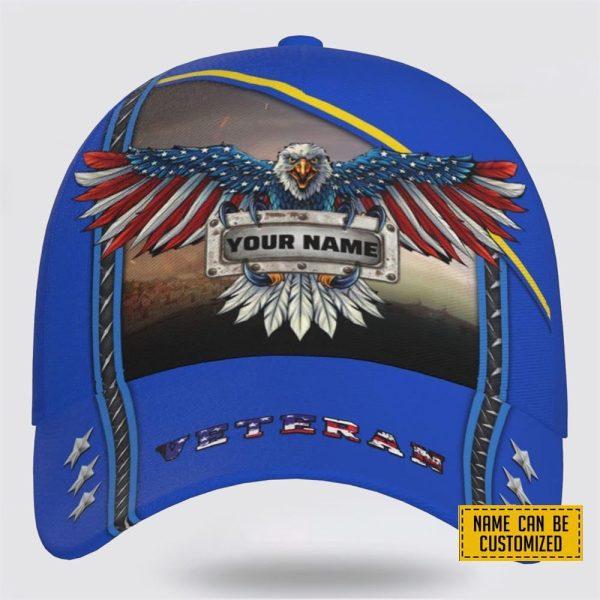 Veterans Baseball Caps Eagle American Blue Pattern, Personalized Name Veteran, Custom Army Cap, Gifts For Military Personnel