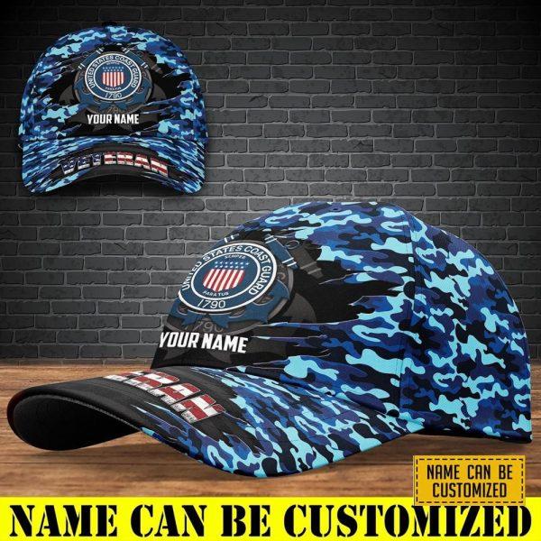 Veterans Baseball Caps US Coast Guard Camo Blue Classic, Personalized Name Veteran, Custom Army Cap, Gifts For Military Personnel