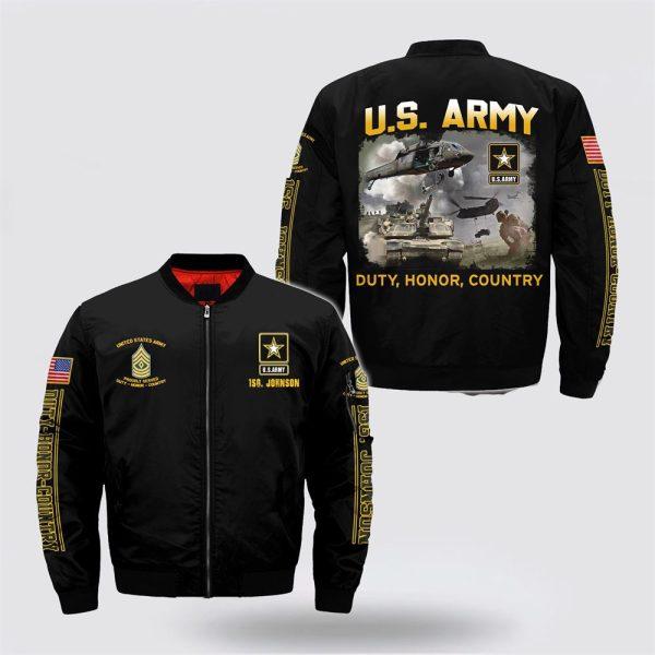 Army Bomber Jacket, Personalized Name Rank Army Duty Honor Country Bomber Jacket, Veteran Bomber Jacket