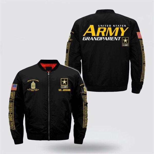 Army Bomber Jacket, Personalized Name Rank US Army Grandparent Bomber Jacket, Veteran Bomber Jacket
