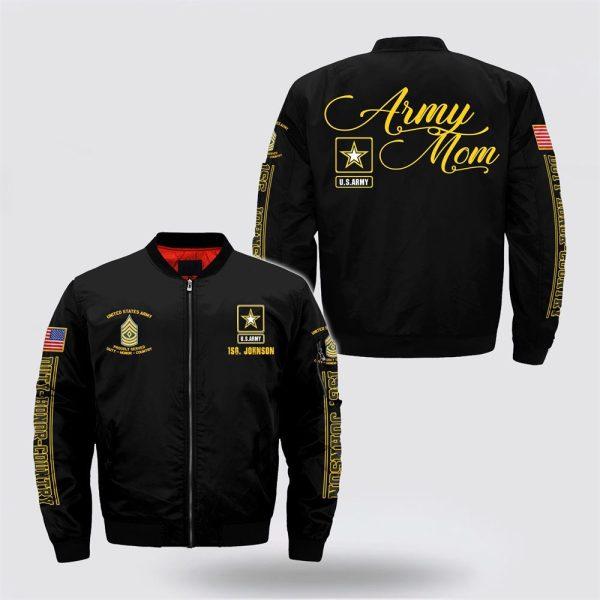 Army Bomber Jacket, Personalized Name Rank US Army Mom Bomber Jacket, Veteran Bomber Jacket