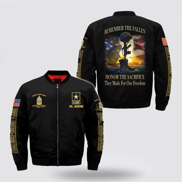 Army Bomber Jacket, Personalized Name Rank US Army Remember The Fallen Bomber Jacket, Veteran Bomber Jacket