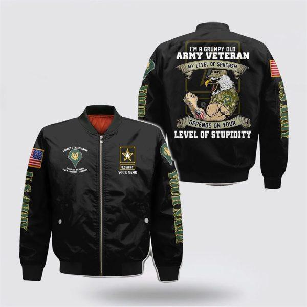 Army Bomber Jacket, Personalized Name Rank US Army Veteran Military I’m A Grumpy Bomber Jacket, Veteran Bomber Jacket