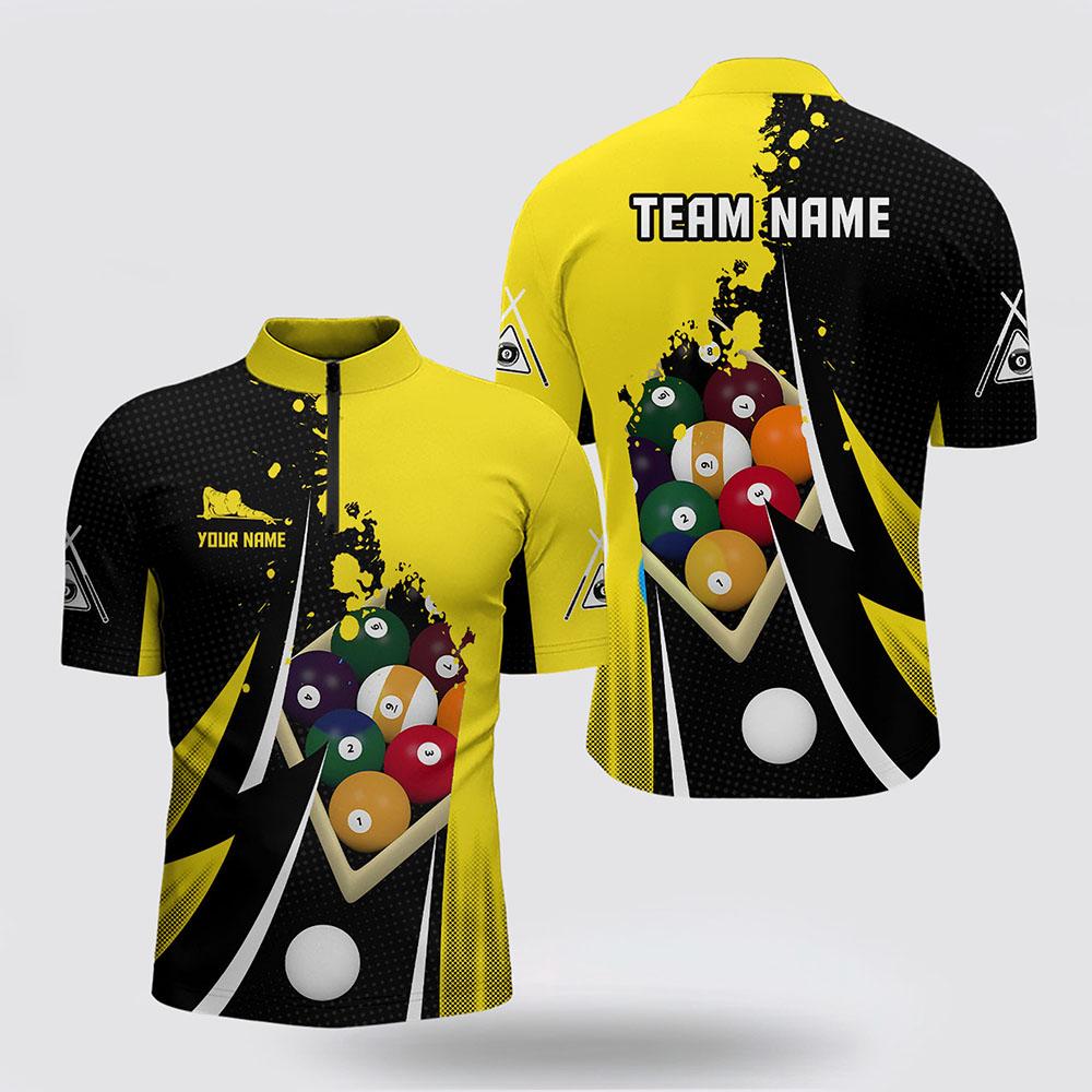 Billiard Jerseys, Custom Billiard Jerseys, 9 Ball Pool Billiard Balls 3D Black Yellow Jerseys Shirts, Billiard Shirt Designs