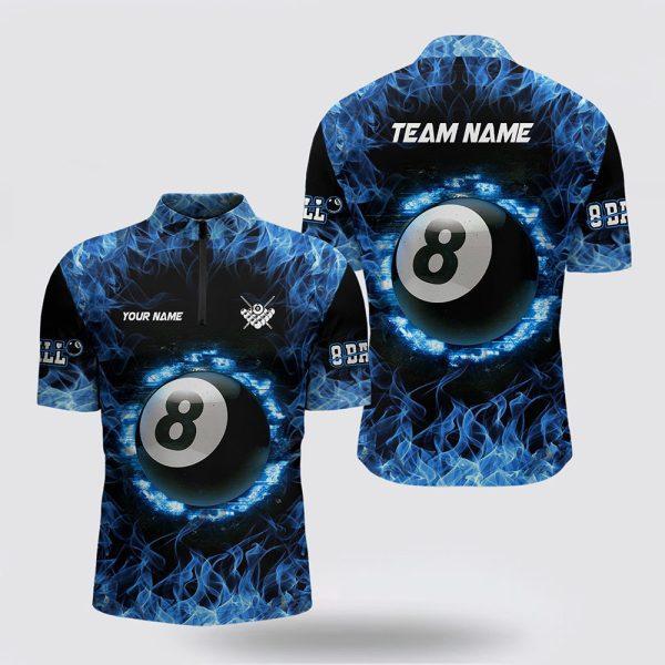 Billiard Jerseys, Custom Billiard Jerseys, Blue Fire 8 Ball Pool Billiard 3D Jerseys Shirts, Billiard Shirt Designs