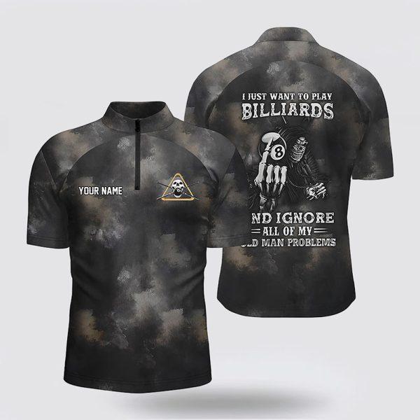 Billiard Jerseys, Custom Billiard Jerseys, Name Skull Billiard 8-Ball Pool Player Old Men 3D Jerseys Shirts, Billiard Shirt Designs