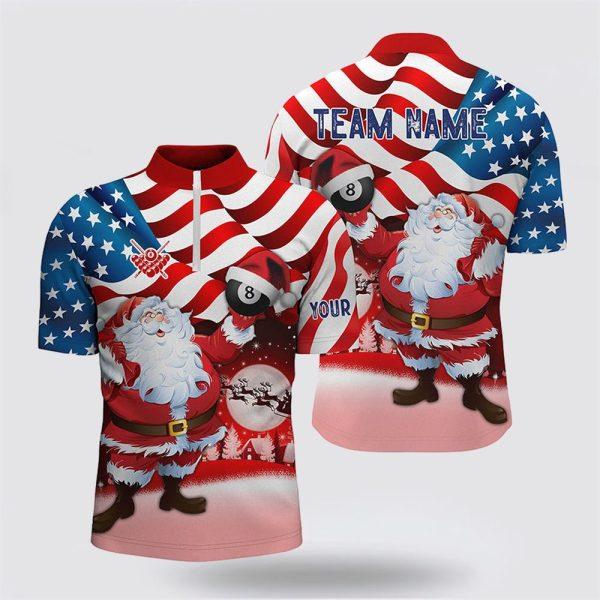 Billiard Jerseys, Custom Billiard Jerseys, Santa Holding Billiard 8 Ball USA Flag Men Jerseys Shirts, Christmas Pool Balls