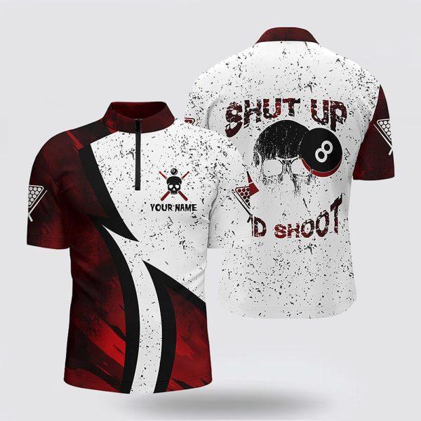 Billiard Jerseys, Custom Billiard Jerseys, Shut Up And Shoot Skull 8 Ball Billiards Red White Grunge Jerseys Shirts, Billiard Shirt Designs