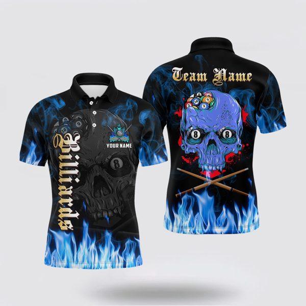 Billiard Polo Shirts, 3D Blue Flame Skull Billiard Men Polo Shirts, Billiard Shirt Designs