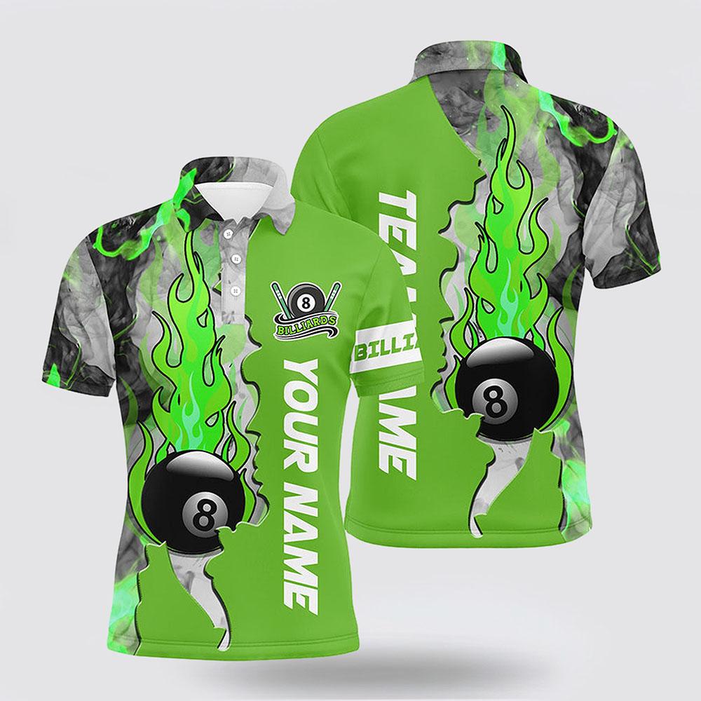 Billiard Polo Shirts, 8 Ball Fire Smoke Billiard Men’s Shirts Green Version Pool Team Polo Shirts, Billiard Shirt Designs