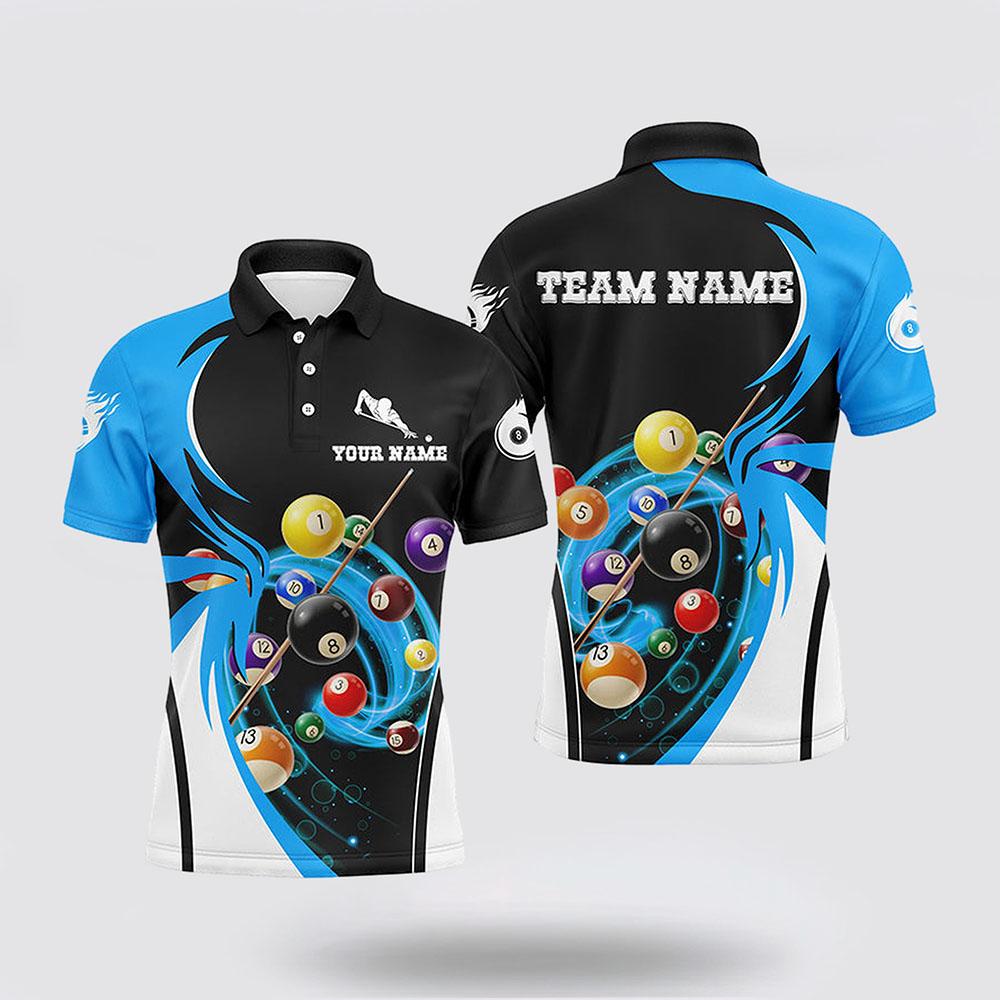 Billiard Polo Shirts, 8 Ball Flame Billiard Player Blue 3D Polo Shirtss, Billiard Shirt Designs