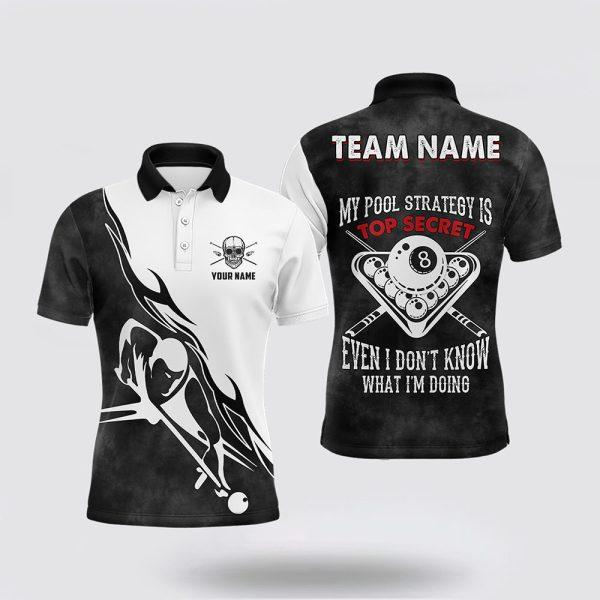 Billiard Polo Shirts, Black White My Pool Strategy Name Men Polo Shirts, Billiard Shirt Designs