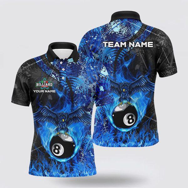 Billiard Polo Shirts, Blue Flame 8 Ball Eagle 3D Billiard Men’s Polo Shirts, Billiard Shirt Designs