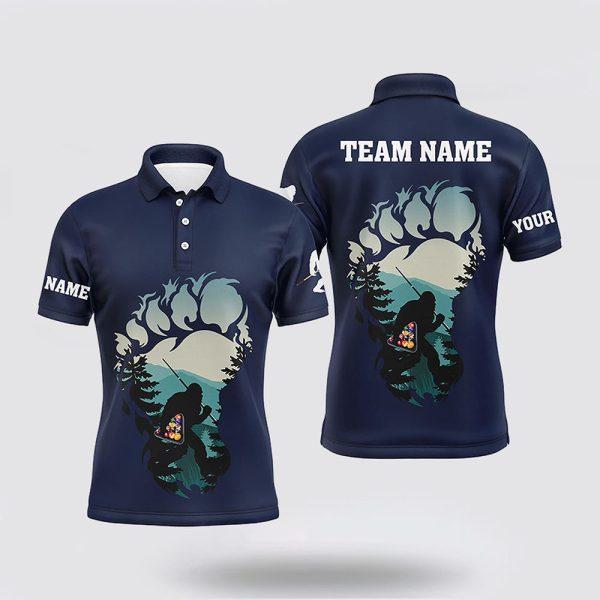 Billiard Polo Shirts, Funny Bigfoot Holding Billiard Balls Men Polo Shirts Blue Navy Playing Pool Shirts, Billiard Shirt Designs