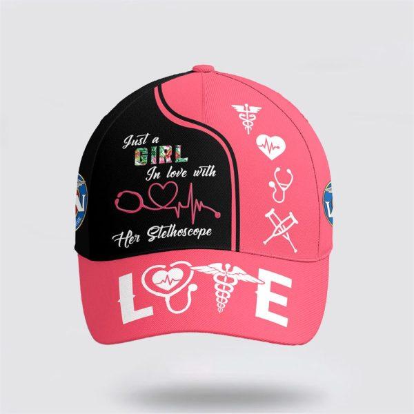Breast Cancer Baseball Cap, Just A Girl In Love With Her Stethoscope All Over Print Cap, Breast Cancer Caps