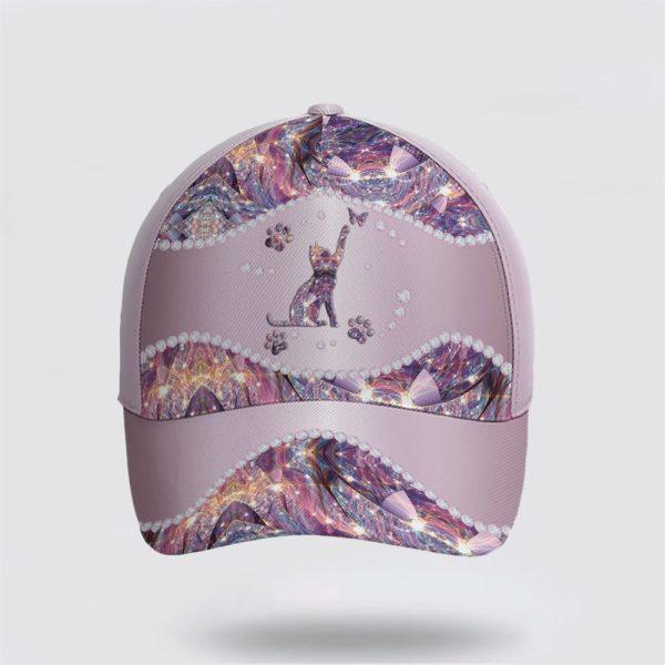 Breast Cancer Baseball Cap, Purple Metallic Style Cat And Butterflies All Over Print Cap, Breast Cancer Caps