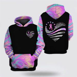 Breast Cancer Hoodie, Breast Cancer Awareness Heart Shape Holographic Color Black Hoodie, Breast Cancer Awareness Shirts