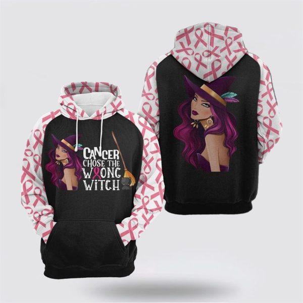 Breast Cancer Hoodie, Cancer Choose The Wrong Witch Breast Cancer Ribbon Pattern 3D Hoodie, Breast Cancer Awareness Shirts