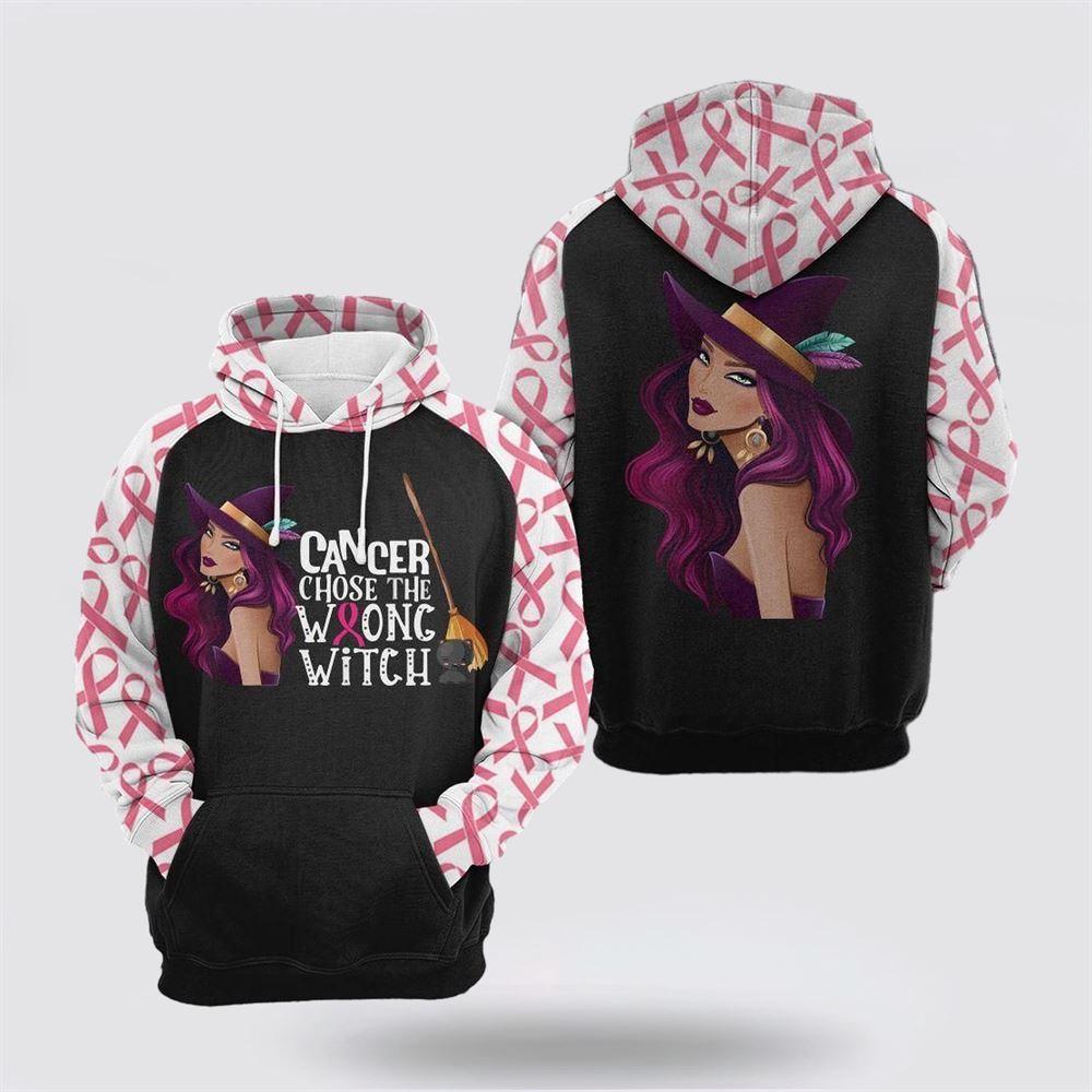 Breast Cancer Hoodie, Cancer Choose The Wrong Witch Breast Cancer Ribbon Pattern 3D Hoodie, Breast Cancer Awareness Shirts