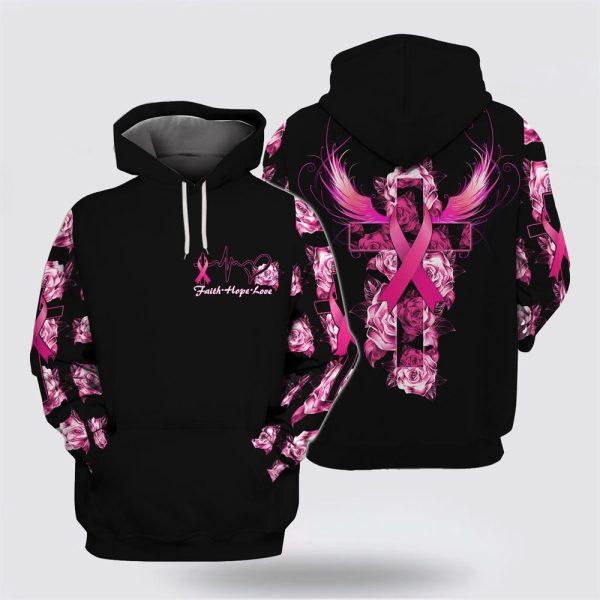Breast Cancer Hoodie, Faith Hope Love Wing Cross Rose Pink Black Hoodie, Breast Cancer Awareness Shirts