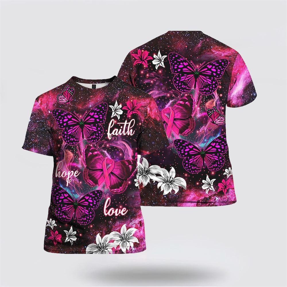 Breast Cancer T Shirts 2023, Beautiful Butterfly Breast Cancer Awareness All Over Print T Shirt, Breast Cancer Awareness Shirts