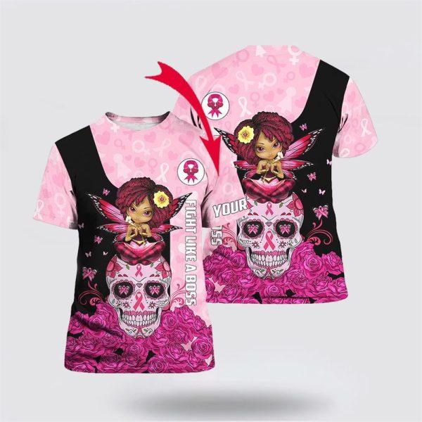 Breast Cancer T Shirts 2023, Customized Breast Cancer Rose Skull Angel All Over Print T Shirt, Breast Cancer Awareness Shirts