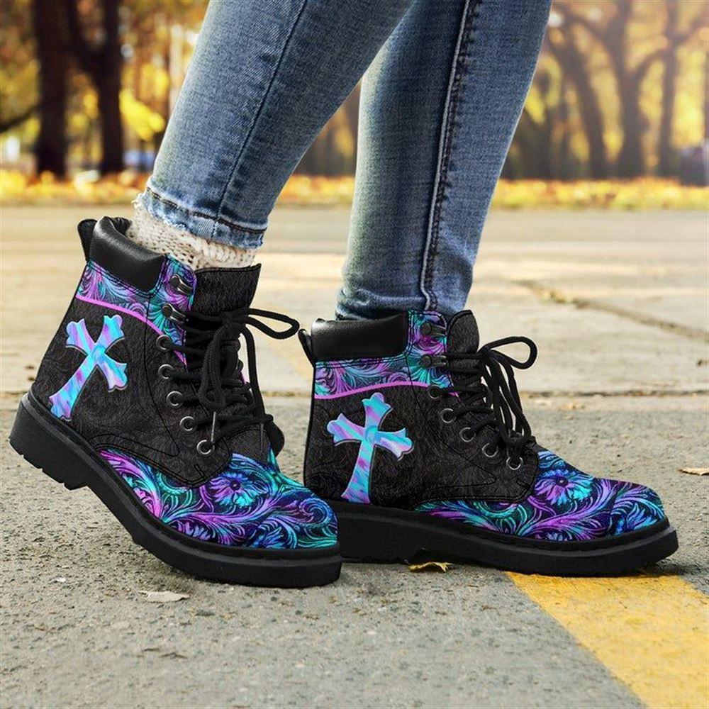 Christian Boots, Jesus Shoes, Jesus Pattern Flowers Cross Boots, Jesus Boots