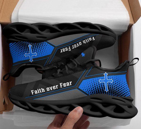 Christian Soul Shoes, Max Soul Shoes, Jesus Faith Over Fear Blue Black Running Sneakers Max Soul Shoes, Jesus Shoes, Jesus Christ Shoes