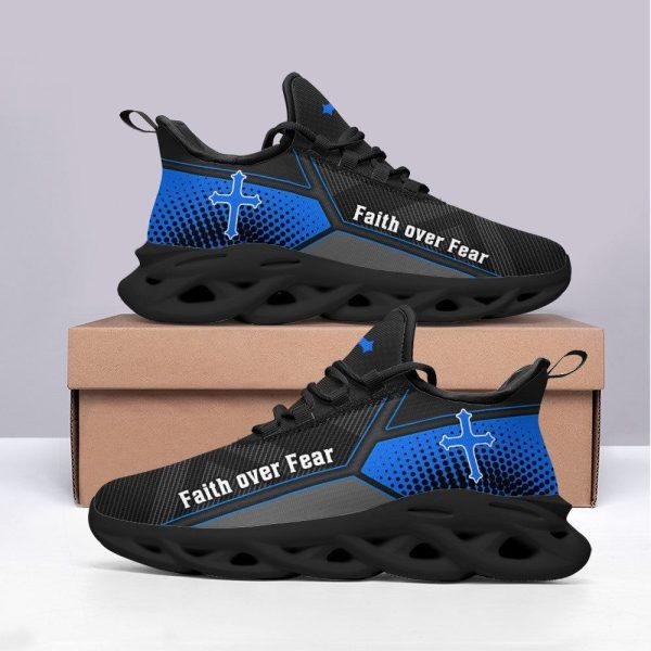 Christian Soul Shoes, Max Soul Shoes, Jesus Faith Over Fear Blue Black Running Sneakers Max Soul Shoes, Jesus Shoes, Jesus Christ Shoes