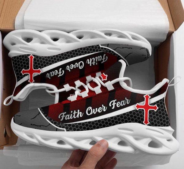 Christian Soul Shoes, Max Soul Shoes, Jesus Faith Over Fear Red Black Running Sneakers Max Soul Shoes, Jesus Shoes, Jesus Christ Shoes