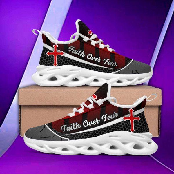 Christian Soul Shoes, Max Soul Shoes, Jesus Faith Over Fear Red Black Running Sneakers Max Soul Shoes, Jesus Shoes, Jesus Christ Shoes
