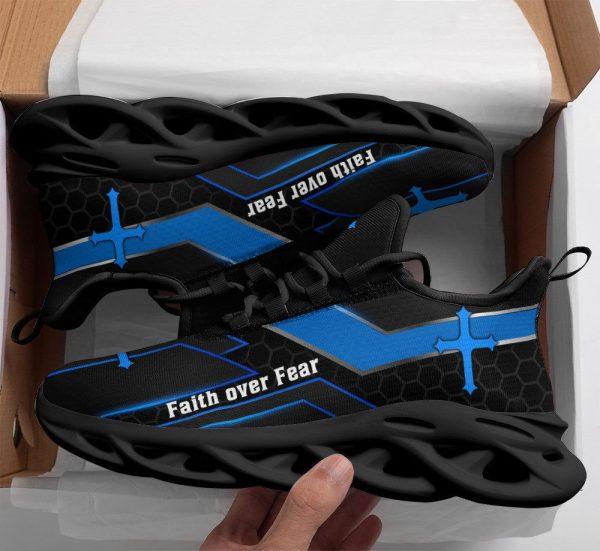 Christian Soul Shoes, Max Soul Shoes, Jesus Faith Over Fear Running Sneakers Black Blue Max Soul Shoes, Jesus Shoes, Jesus Christ Shoes