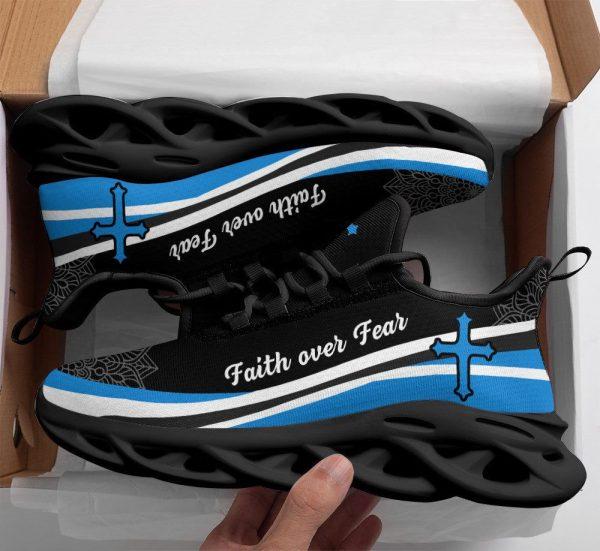 Christian Soul Shoes, Max Soul Shoes, Jesus Faith Over Fear Running Sneakers Blue And White Max Soul Shoes, Jesus Shoes, Jesus Christ Shoes