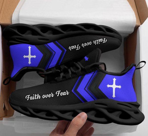 Christian Soul Shoes, Max Soul Shoes, Jesus Faith Over Fear Running Sneakers Blue Black Max Soul Shoes, Jesus Shoes, Jesus Christ Shoes