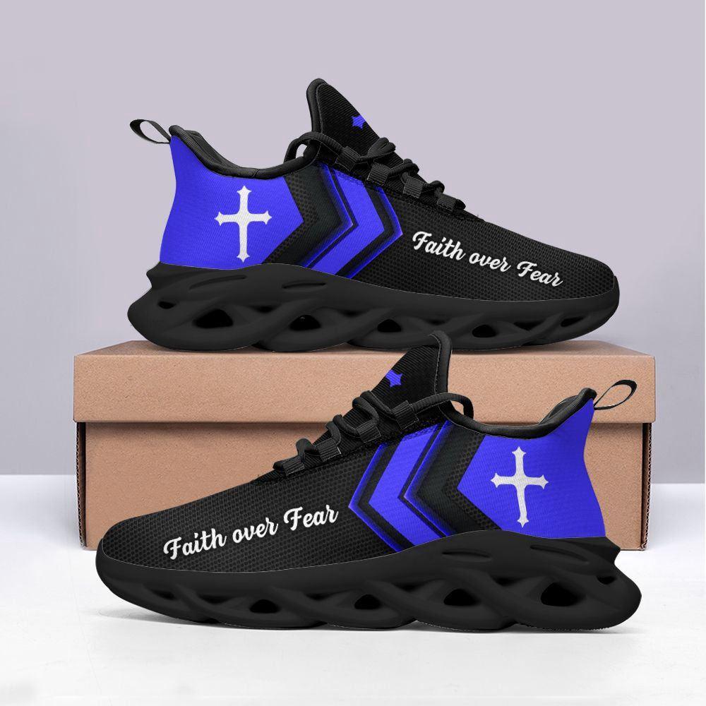 Christian Soul Shoes, Max Soul Shoes, Jesus Faith Over Fear Running Sneakers Blue Black Max Soul Shoes, Jesus Shoes, Jesus Christ Shoes