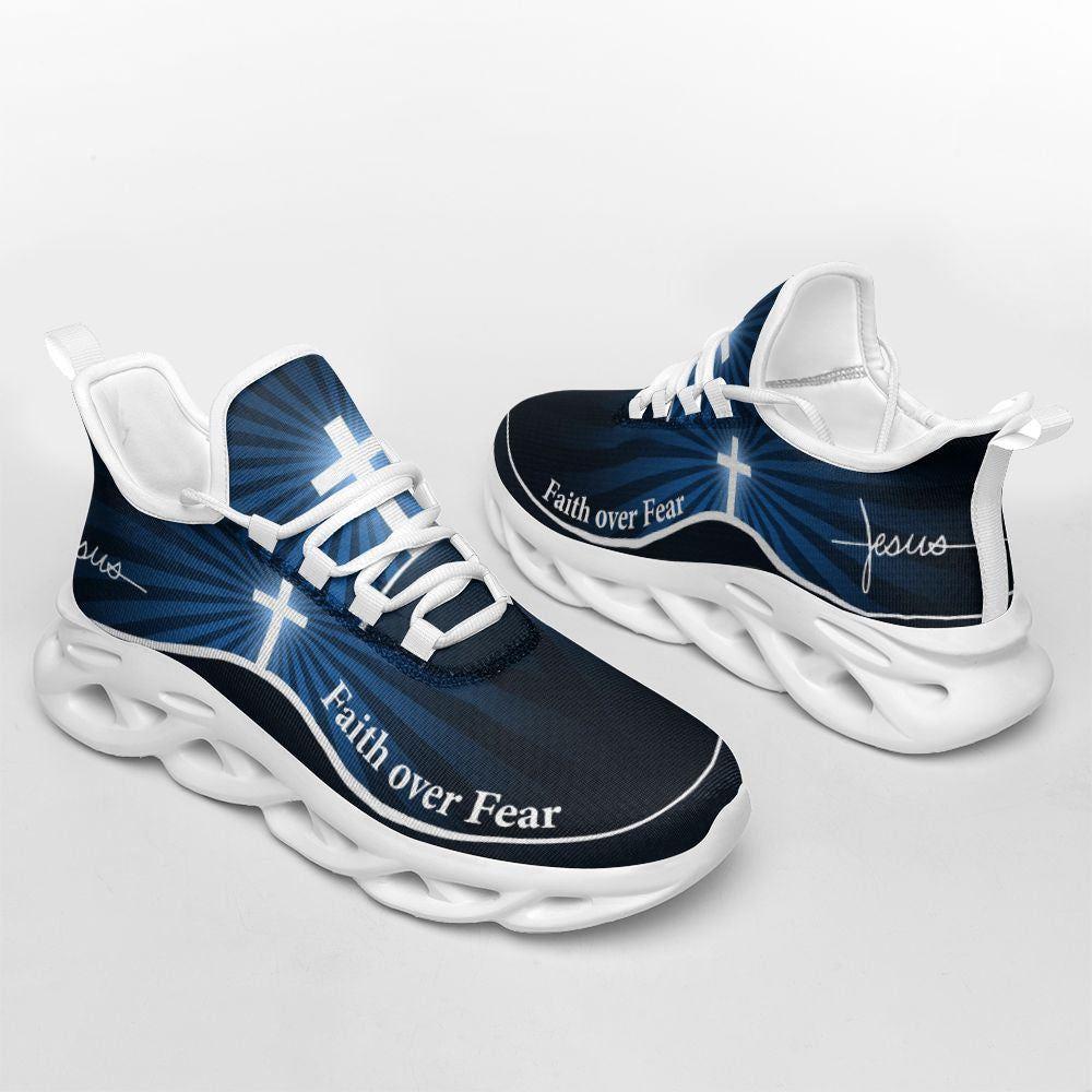 Christian Soul Shoes, Max Soul Shoes, Jesus Faith Over Fear Running Sneakers Blue Max Soul Shoes, Jesus Shoes, Jesus Christ Shoes